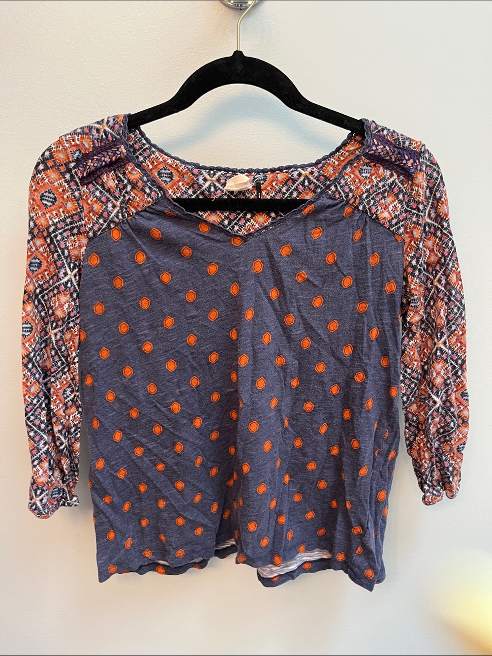 Anthropologie Navy Long-Sleeve Raglan Top with Orange Print